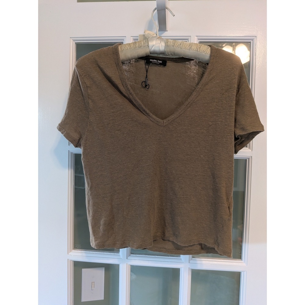 Massimo Dutti 100% Linen V-Neck Short Sleeve Tee Olive Brown Small NWT